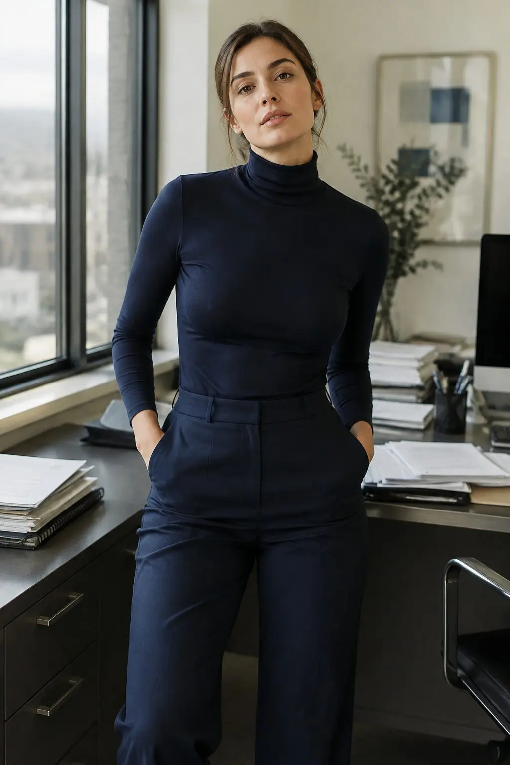 ink navy turtleneck bodysuit tucked into a sleek tailored trouser, a 90s minimalist office outfit