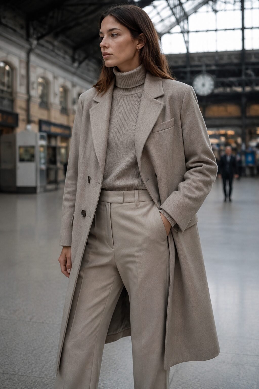 90s fashion look inspired by Carolyn Bessette Kennedy: stone double-breasted coat with straight trousers for transitional commute