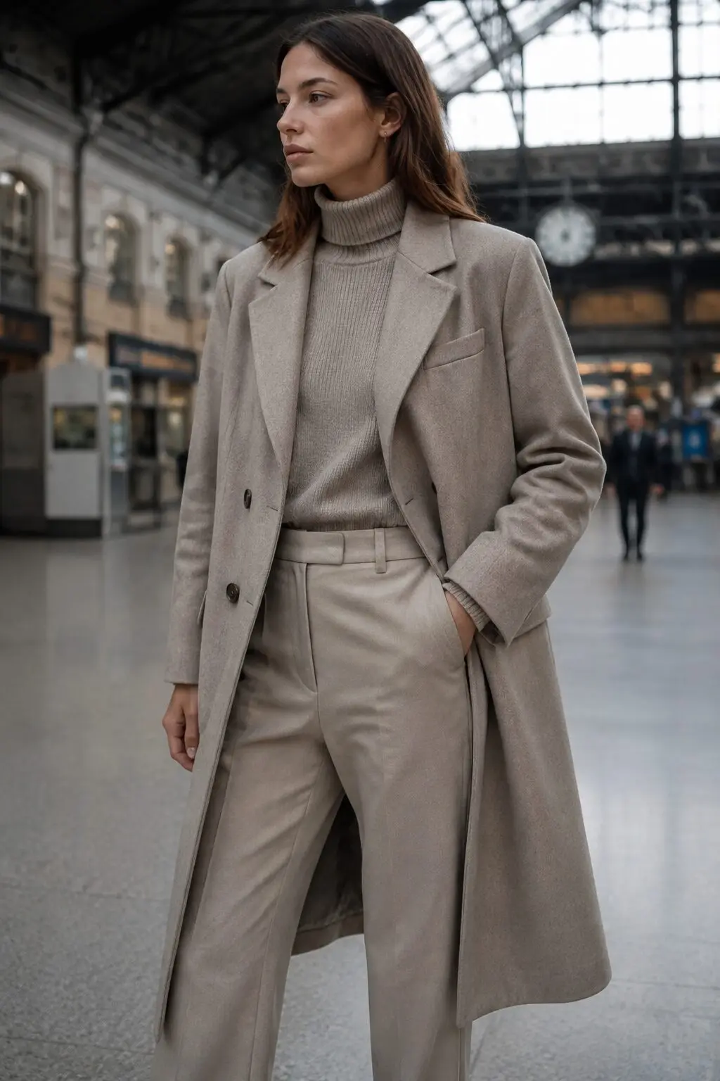 90s fashion look inspired by Carolyn Bessette Kennedy: stone double-breasted coat with straight trousers for transitional commute