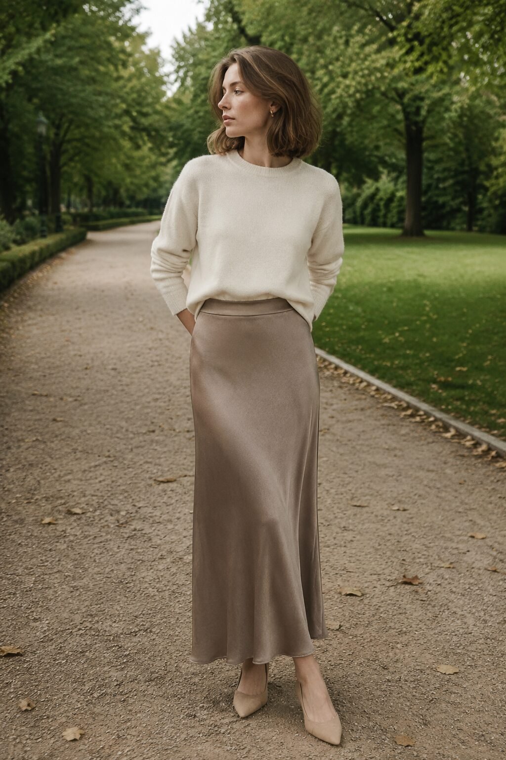 slip dress outfit idea: taupe slip skirt with an ivory fine-knit sweater tucked in
