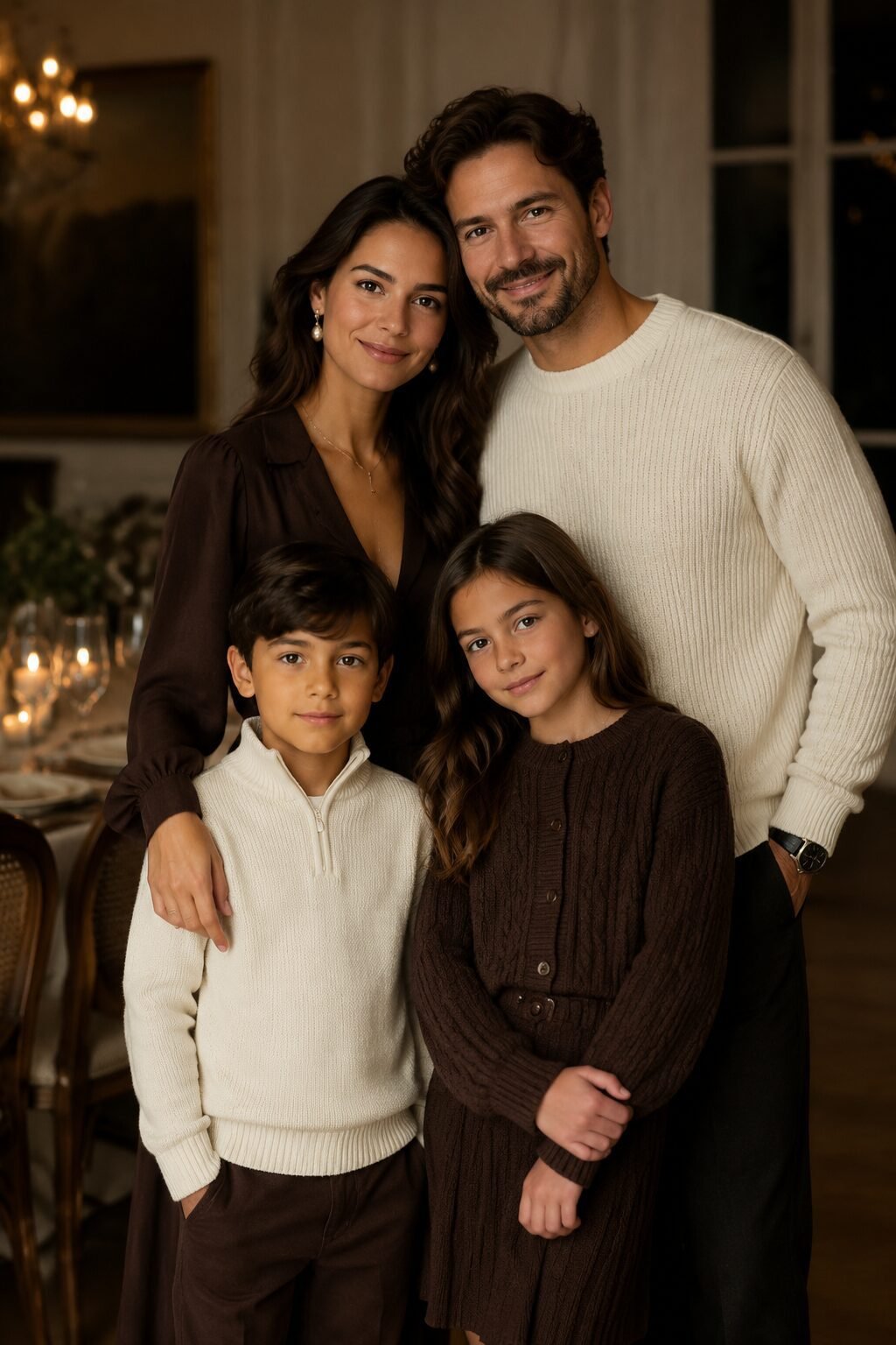 formal family christmas outfits in ivory and chocolate brown split by generation