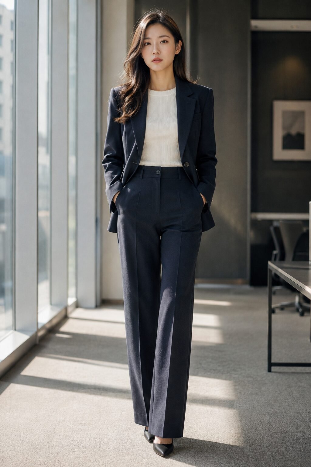 fall capsule wardrobe outfit idea: navy matching suit for a Monday high-stakes work presentation