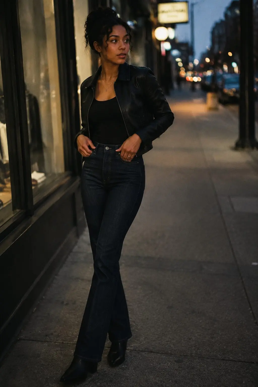 evening bootcut jeans outfit: black fitted tank and cropped moto jacket with dark indigo denim