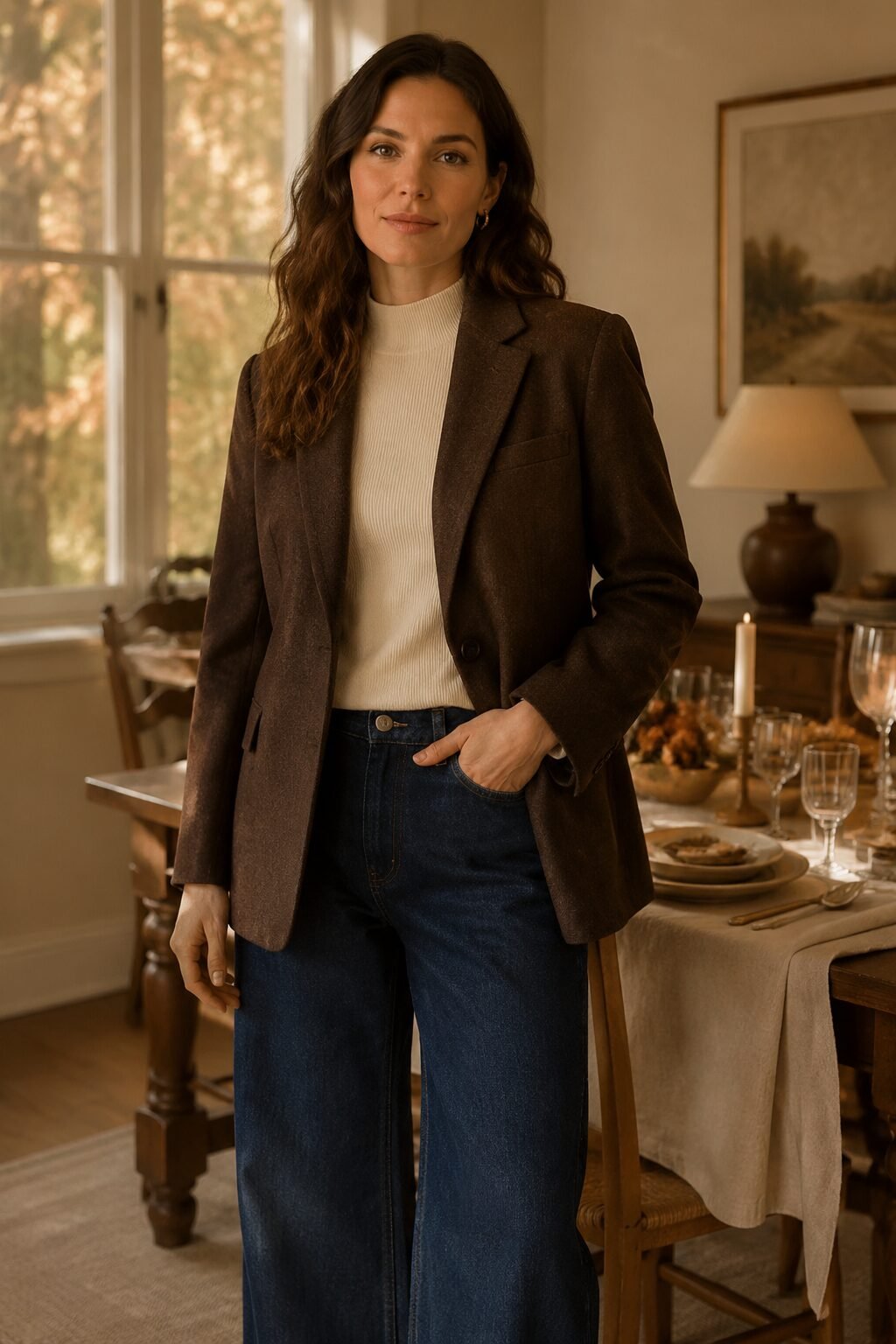late-fall family dinner outfit: espresso brown fitted blazer with indigo wide-leg jeans and a cream mock-neck