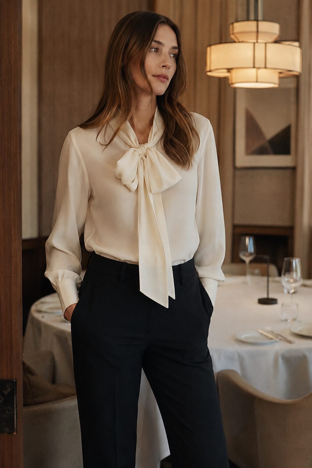 client dinner black pants outfit: ivory pussy-bow silk blouse tucked into straight crepe black trousers
