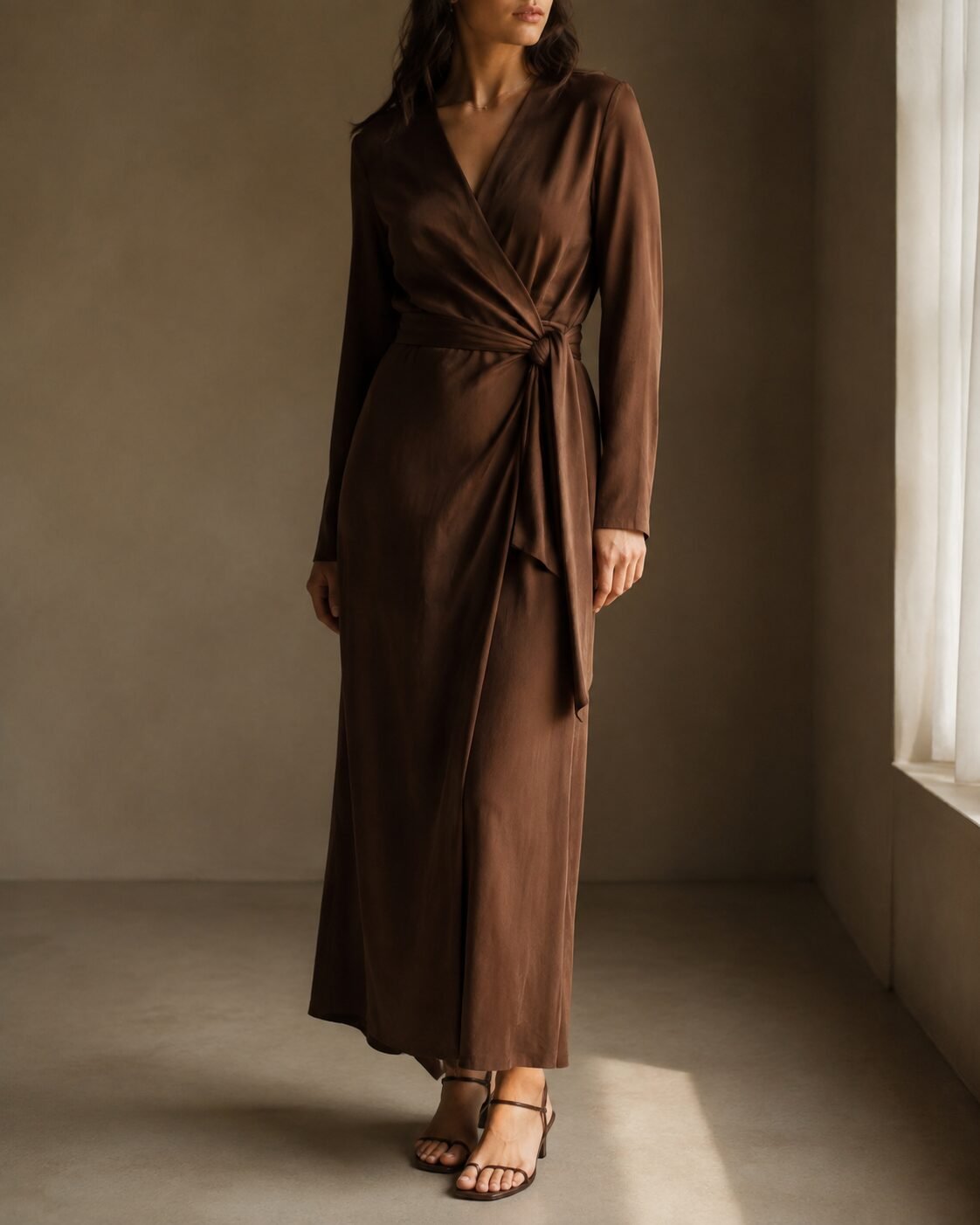 affordable quiet luxury fall outfit: brown wrap dress with a self-tie waist