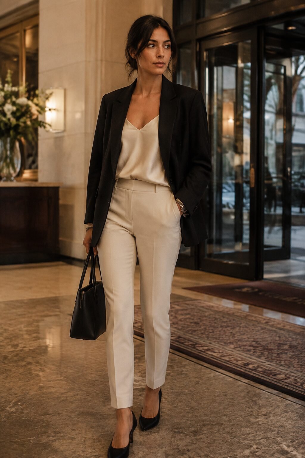 cream cigarette pants and black blazer outfit for evening cocktail dressing