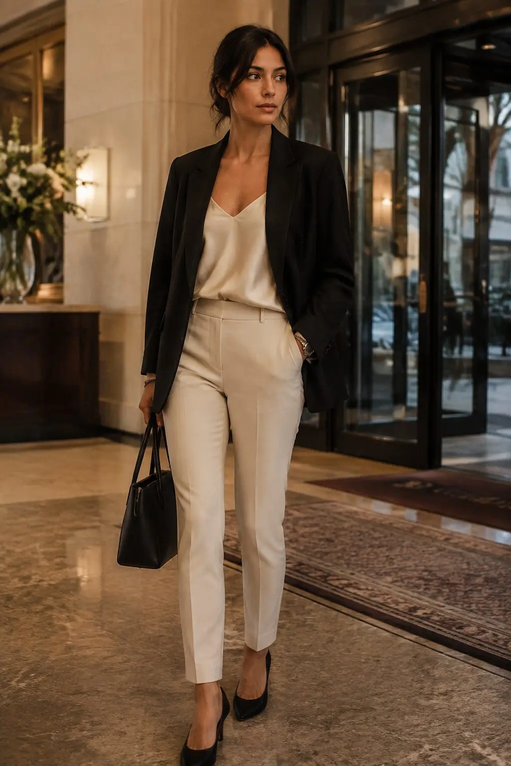 cream cigarette pants and black blazer outfit for evening cocktail dressing