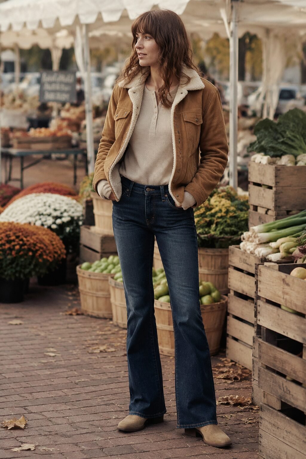 cozy fall bootcut jeans outfit idea: waffle thermal top, sherpa-lined trucker jacket, and suede desert boots for a farmers market