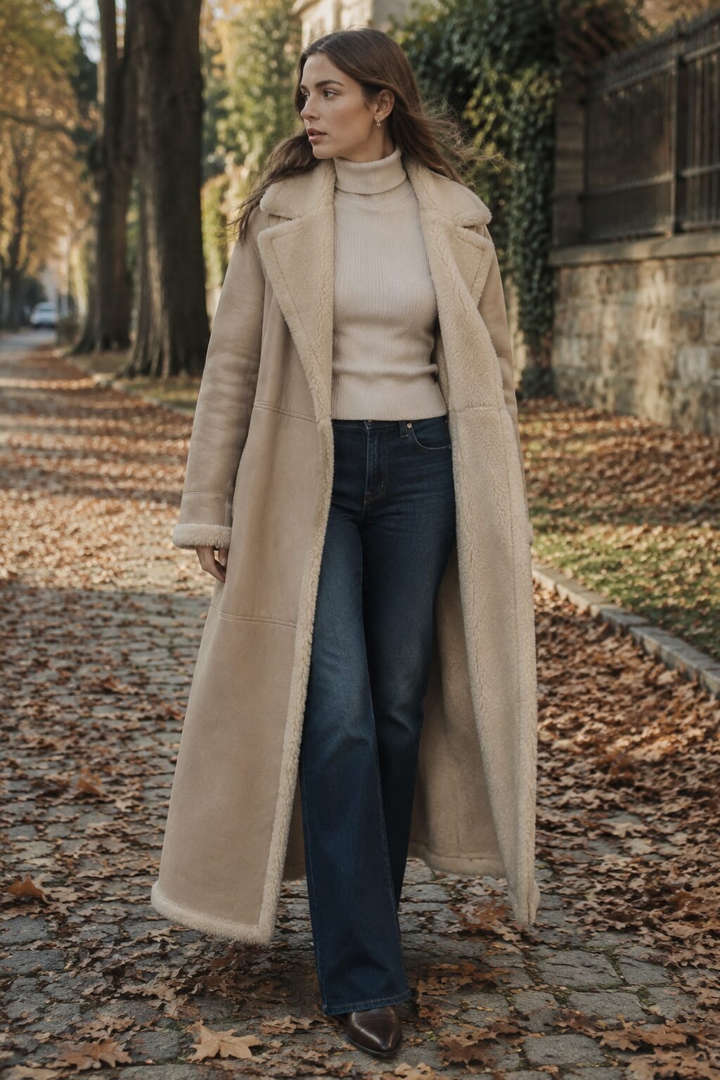 sand shearling duster coat, turtleneck, and bootcut jeans, late fall jeans and coat outfit