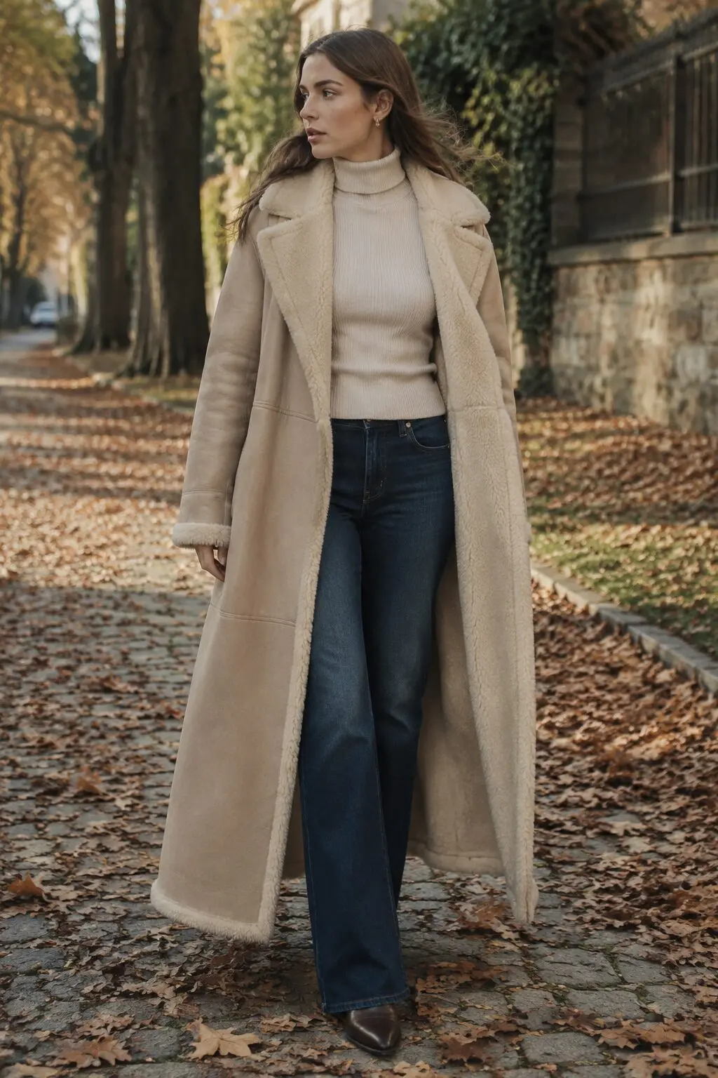 sand shearling duster coat, turtleneck, and bootcut jeans, late fall jeans and coat outfit