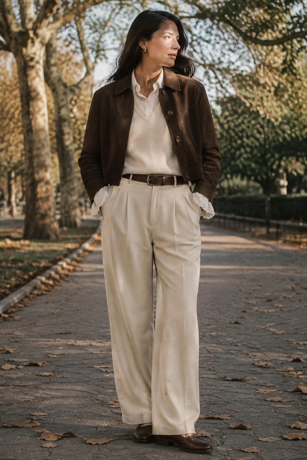 transitional suede jacket outfit: chocolate suede jacket over a cream knit vest and lace-trim blouse