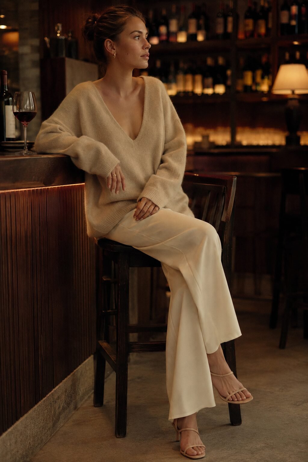 holiday sweater outfit: oversized cashmere-wool sweater with cream wide-leg silk trousers and heeled sandals
