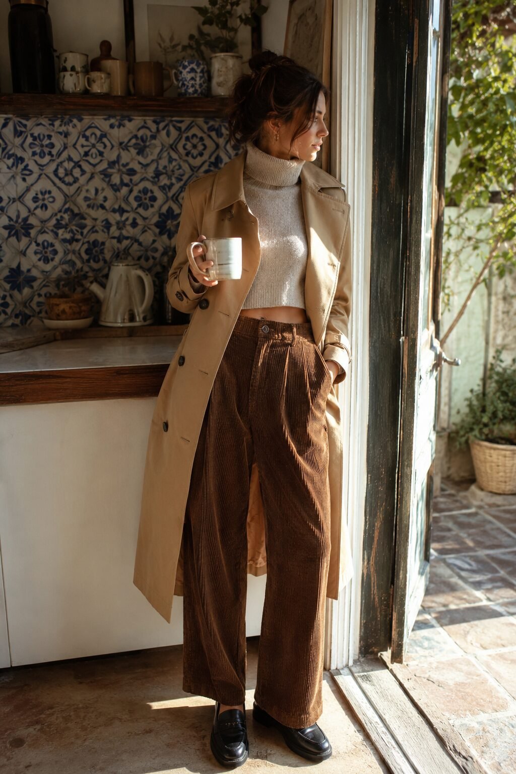 fall capsule wardrobe office outfit: camel trench coat over an oatmeal turtleneck and brown corduroy wide-leg trousers with black loafers