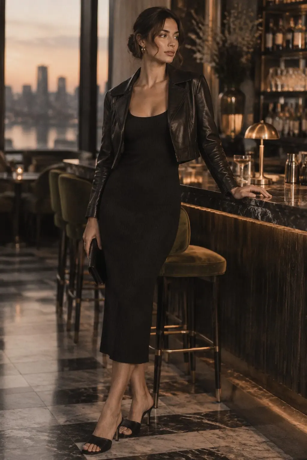 how to style a leather jacket for a night out: black leather jacket over a fitted black knit cocktail dress