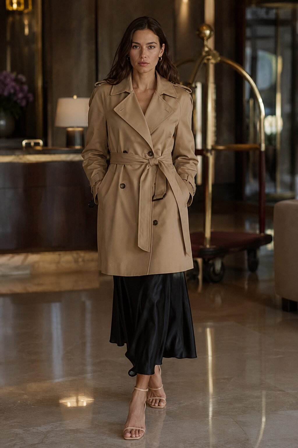 how to style a trench coat with a pencil skirt: camel trench coat over a fitted black silk skirt with heeled sandals