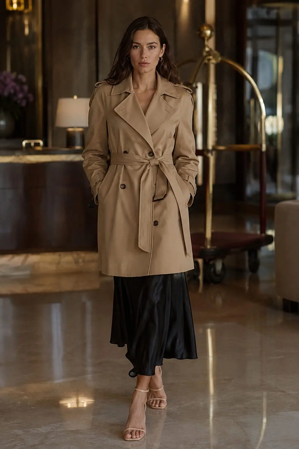 how to style a trench coat with a pencil skirt: camel trench coat over a fitted black silk skirt with heeled sandals