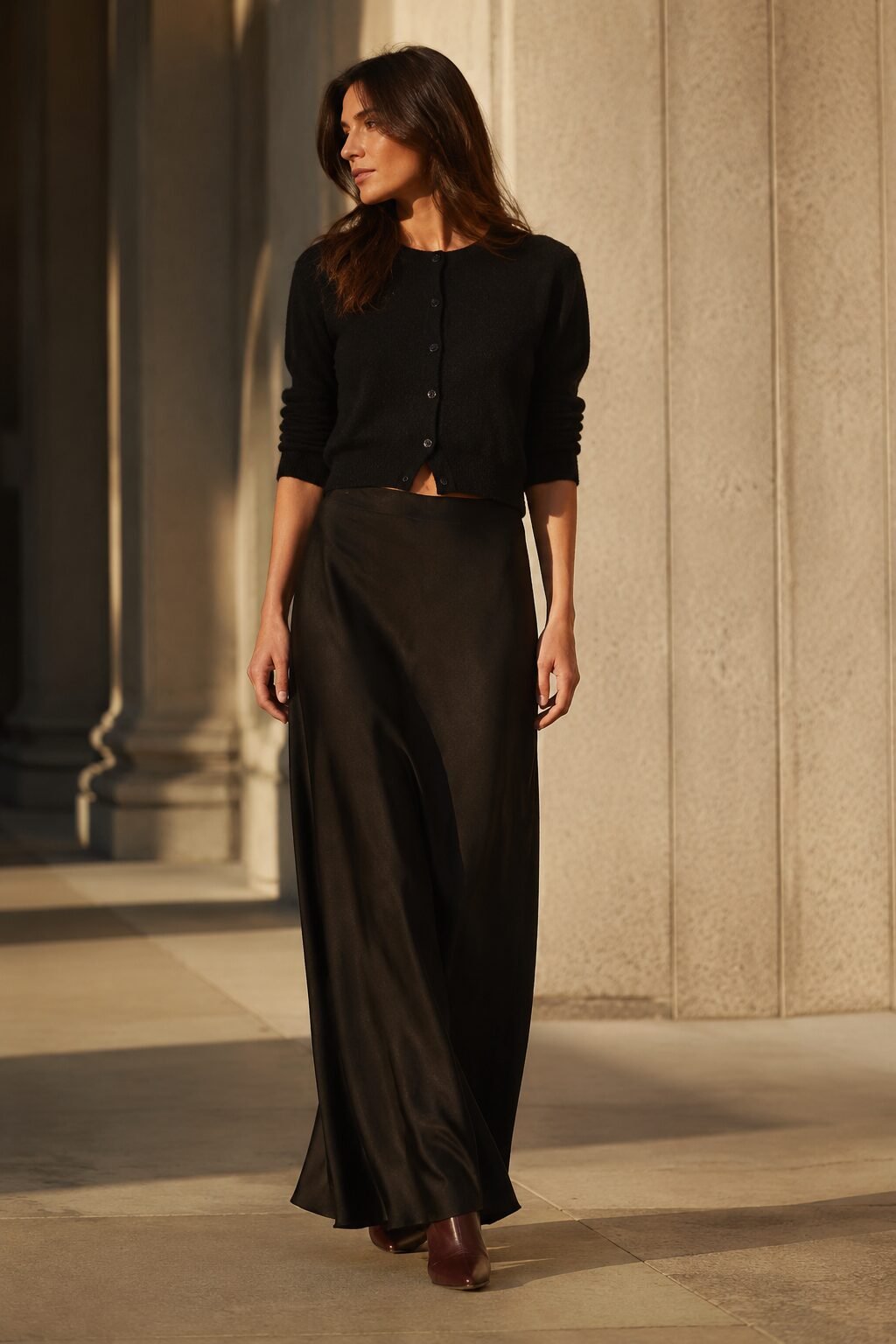 how to style a cardigan with a maxi skirt: black cashmere cardigan over black silk maxi skirt and burgundy ankle boots