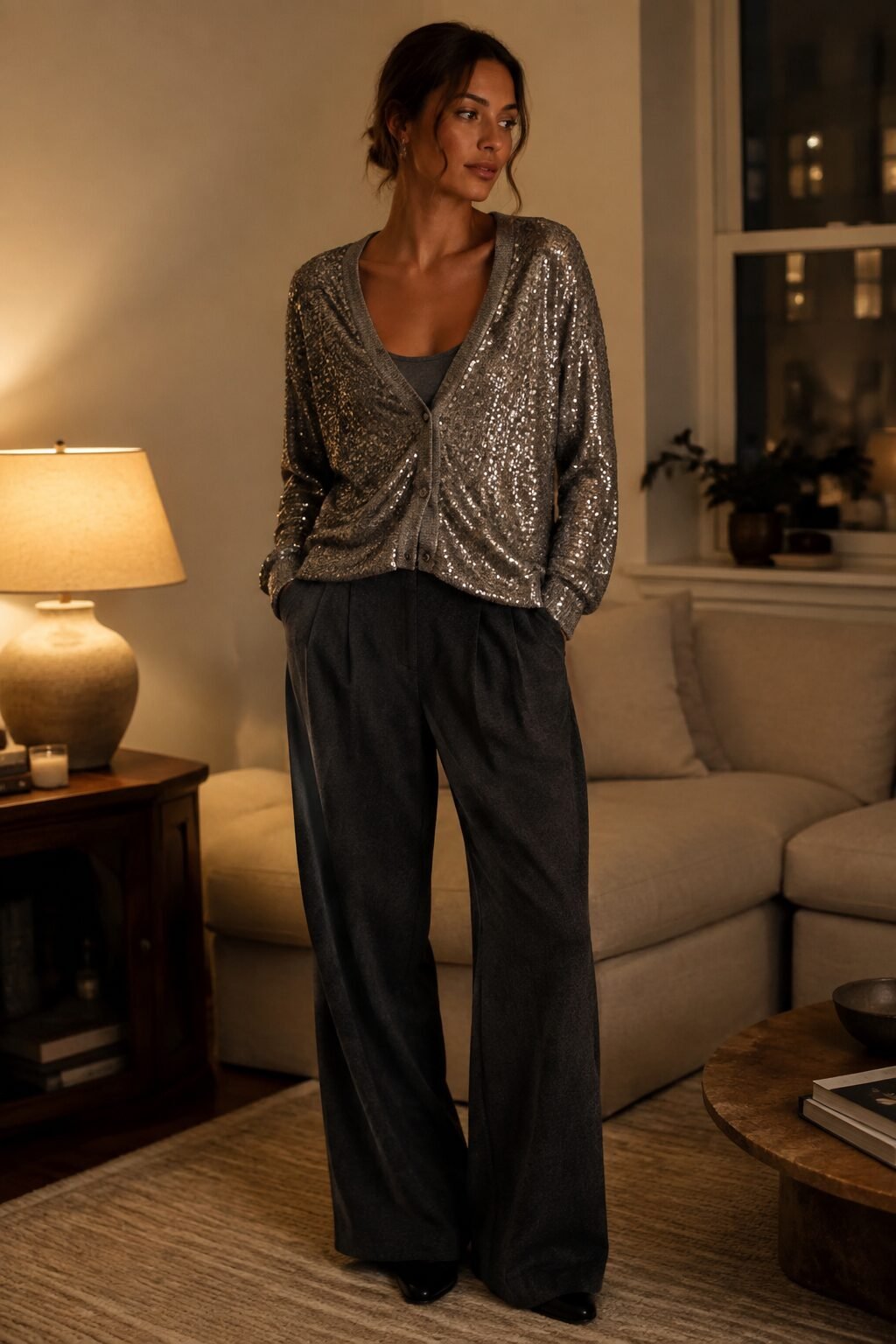 80s inspired christmas outfits, sequin cardigan with wide leg wool trousers for cozy night in gathering