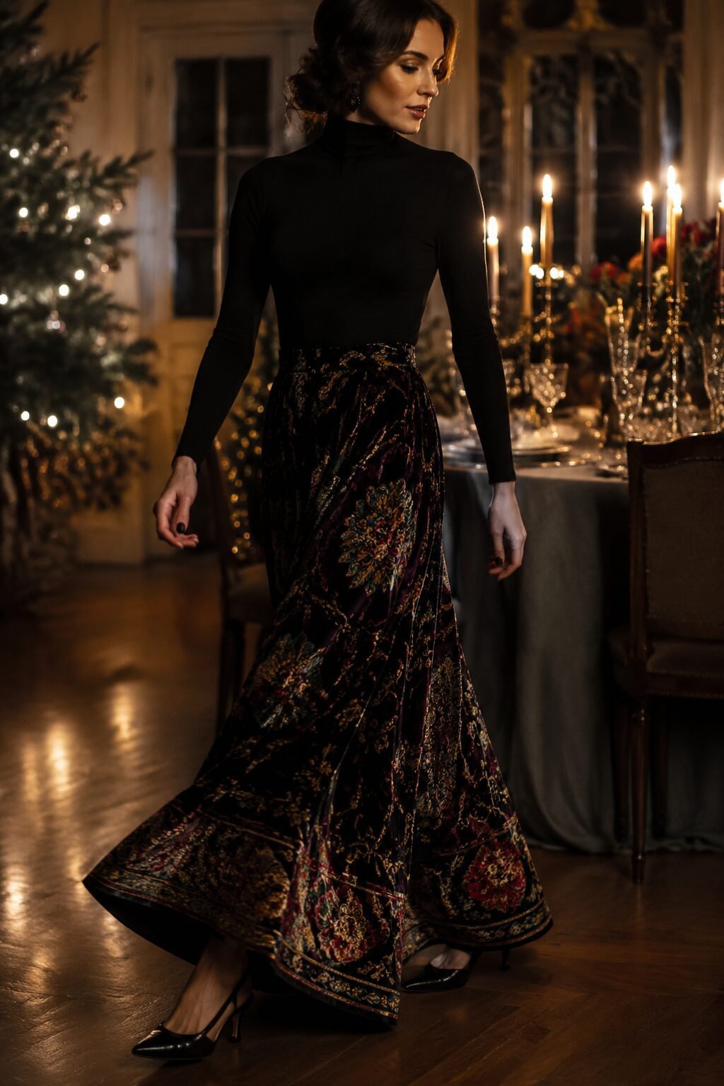 gothic glam holiday outfit: black turtleneck bodysuit with a patterned velvet maxi skirt for hosting a christmas dinner party