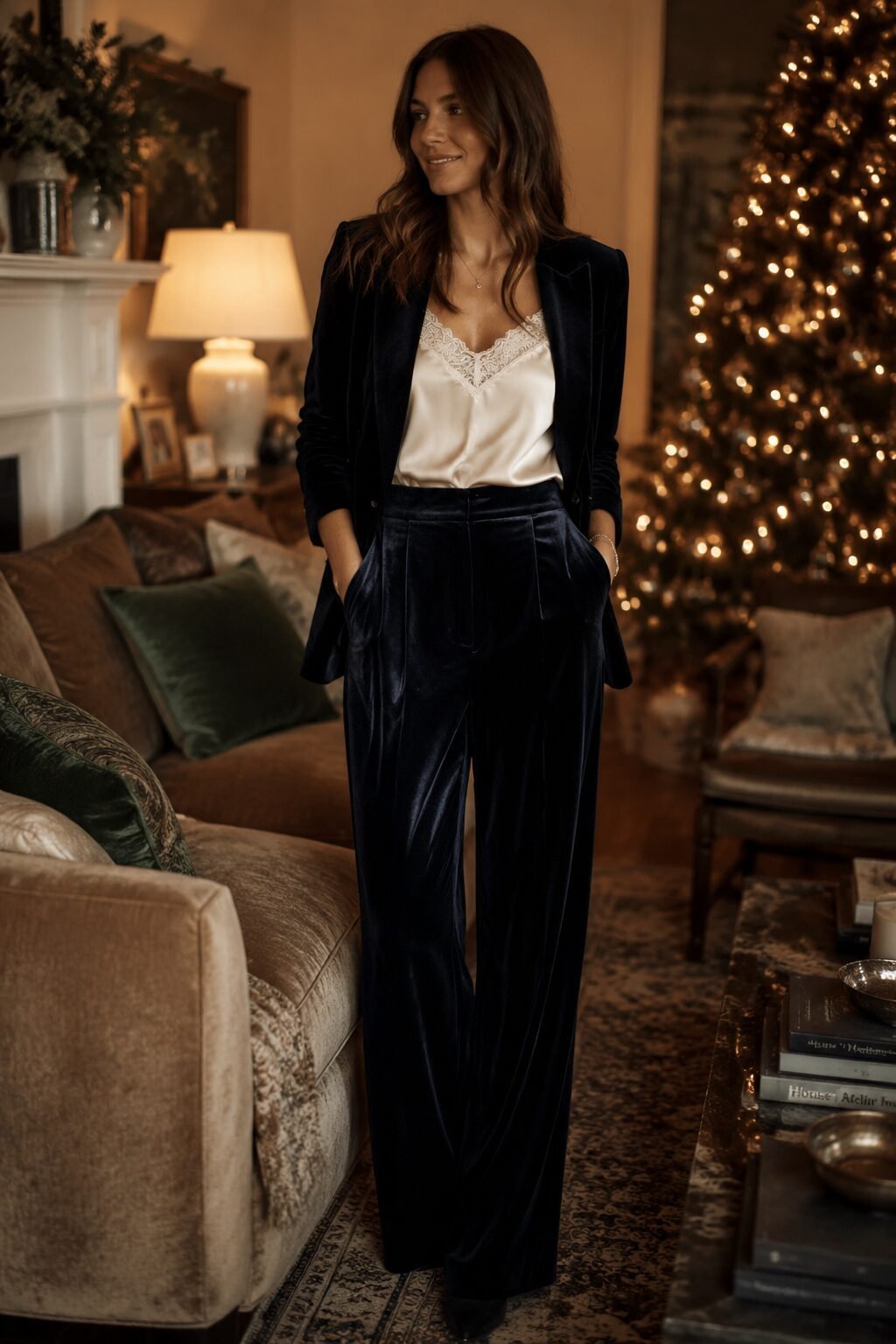 elegant Christmas Eve outfit for hosting: navy velvet trousers, silk cami, and blazer