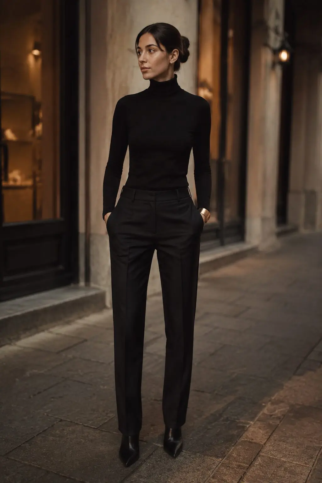 carolyn bessette kennedy outfit inspiration: all-black turtleneck and sleek straight trousers for evening