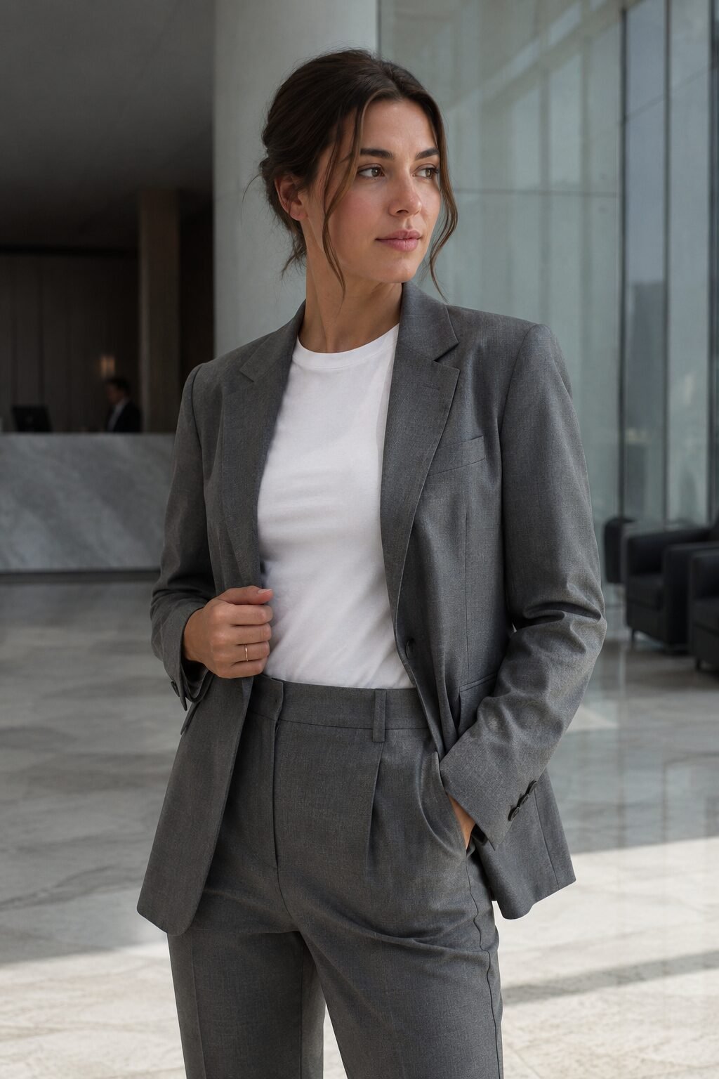 Carolyn Bessette Kennedy inspired outfit ideas: white fitted tee under grey sharp trouser suit for office style