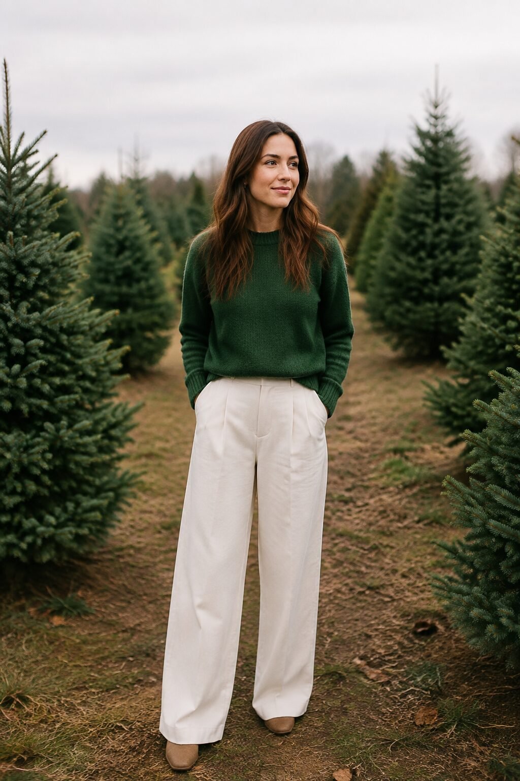 woodland family christmas outfits for tree-farm photos: mother in a forest-green sweater and cream trousers