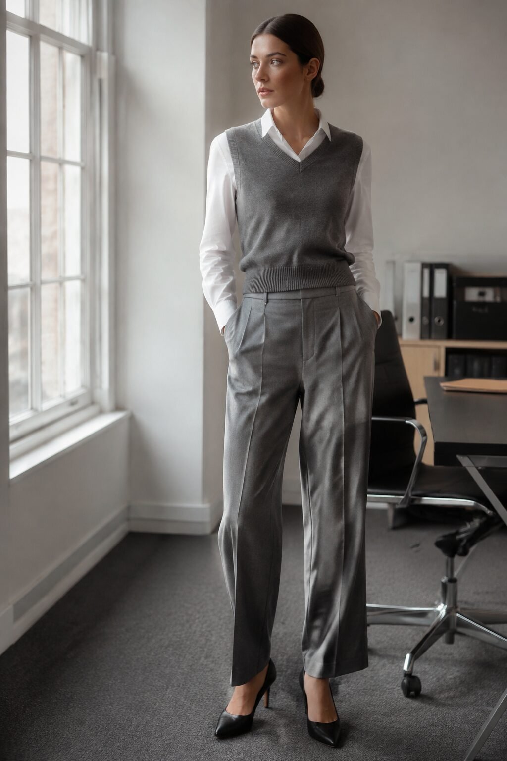 grey cashmere vest white button-down shirt and tailored trouser office outfit carolyn bessette style