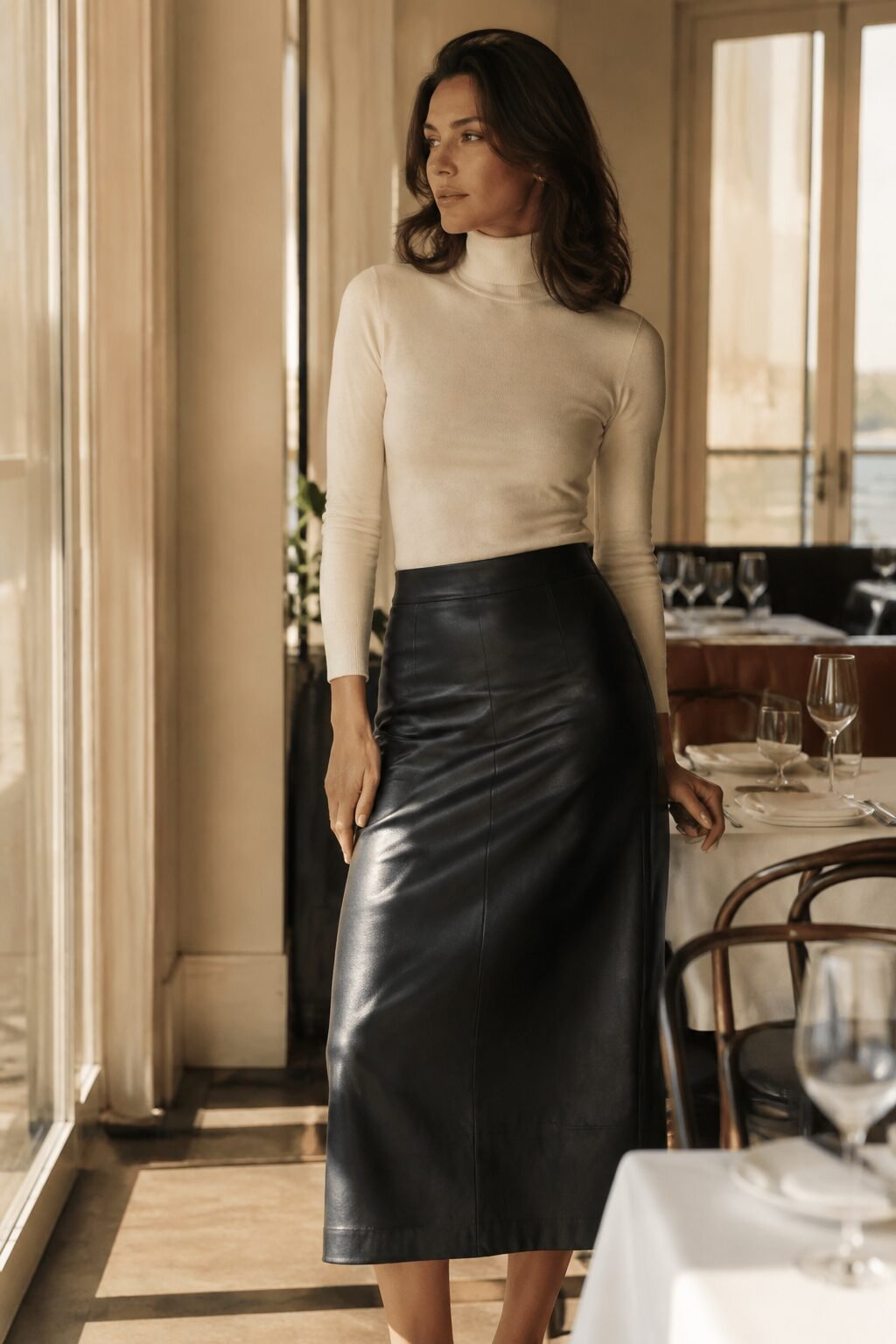 affordable quiet luxury date night outfit: cream turtleneck tucked into a black faux-leather midi skirt