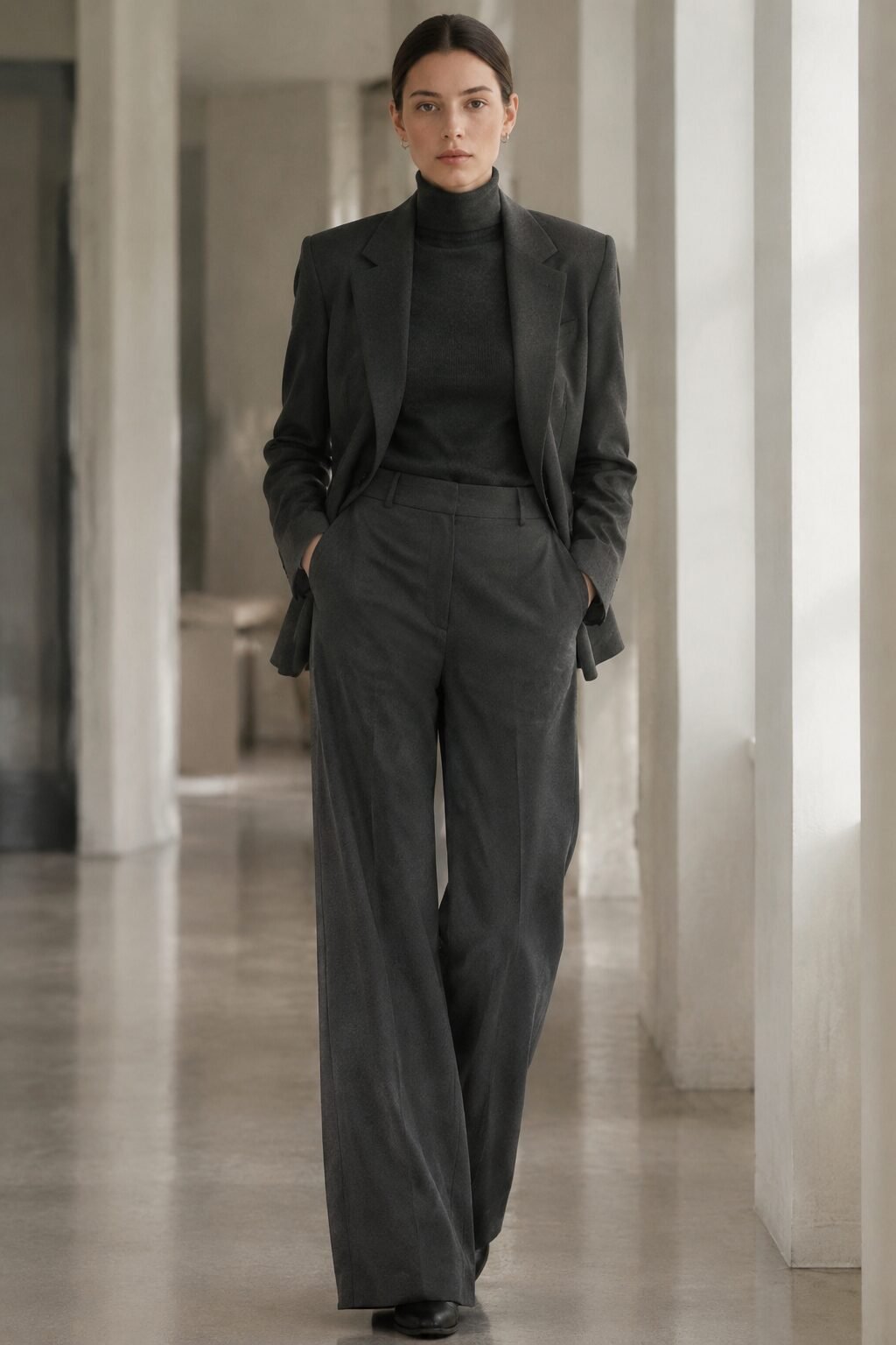 fall capsule outfit formula: all charcoal grey monochrome blazer, turtleneck, and wide-leg trousers