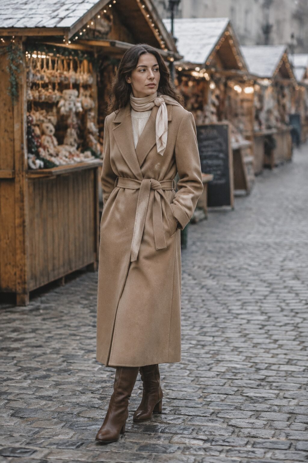 cool toned winter outfit: belted trench coat over a cashmere crewneck sweater for a holiday market stroll