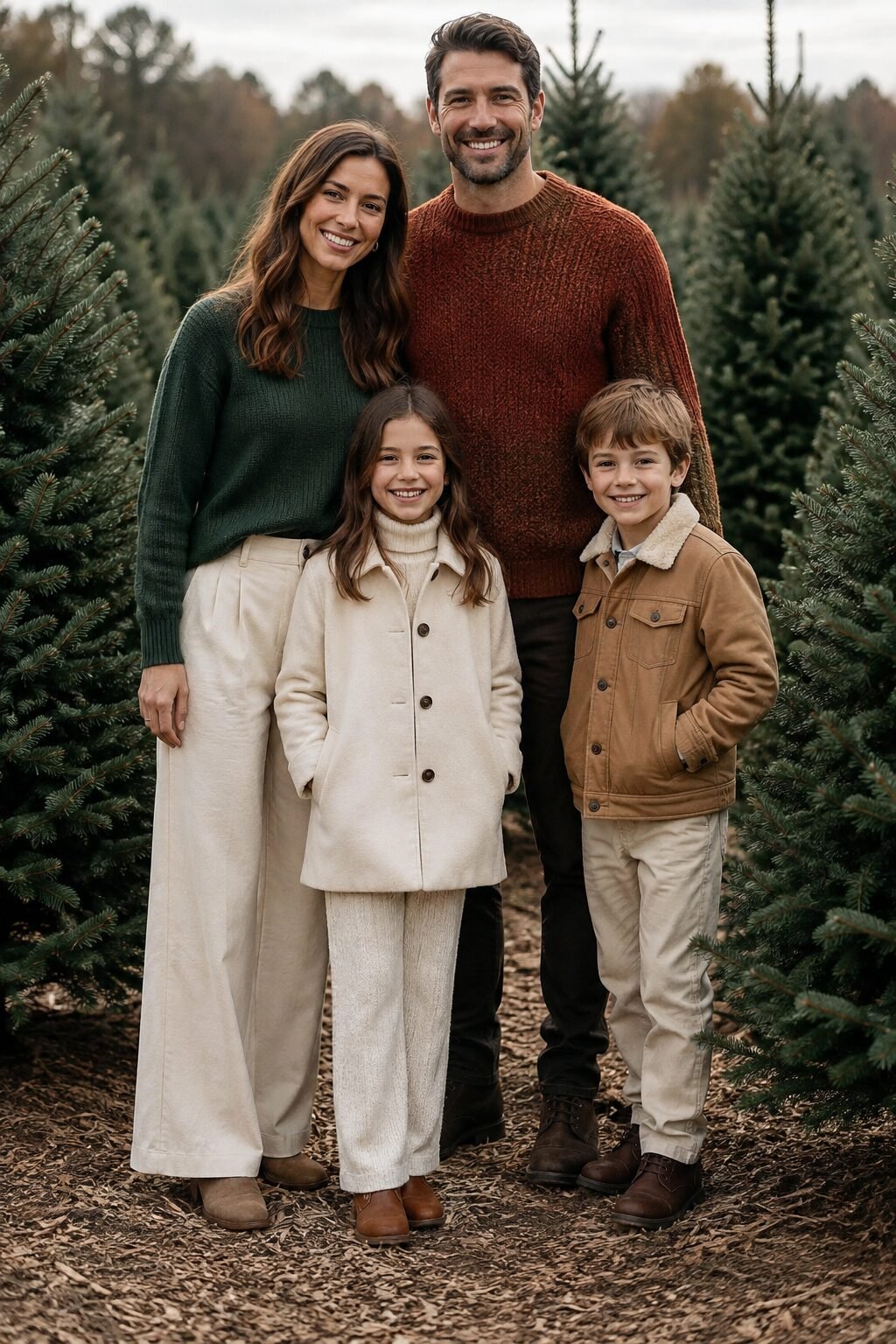 woodland family christmas outfits for tree-farm photos: mother in a forest-green sweater and cream trousers