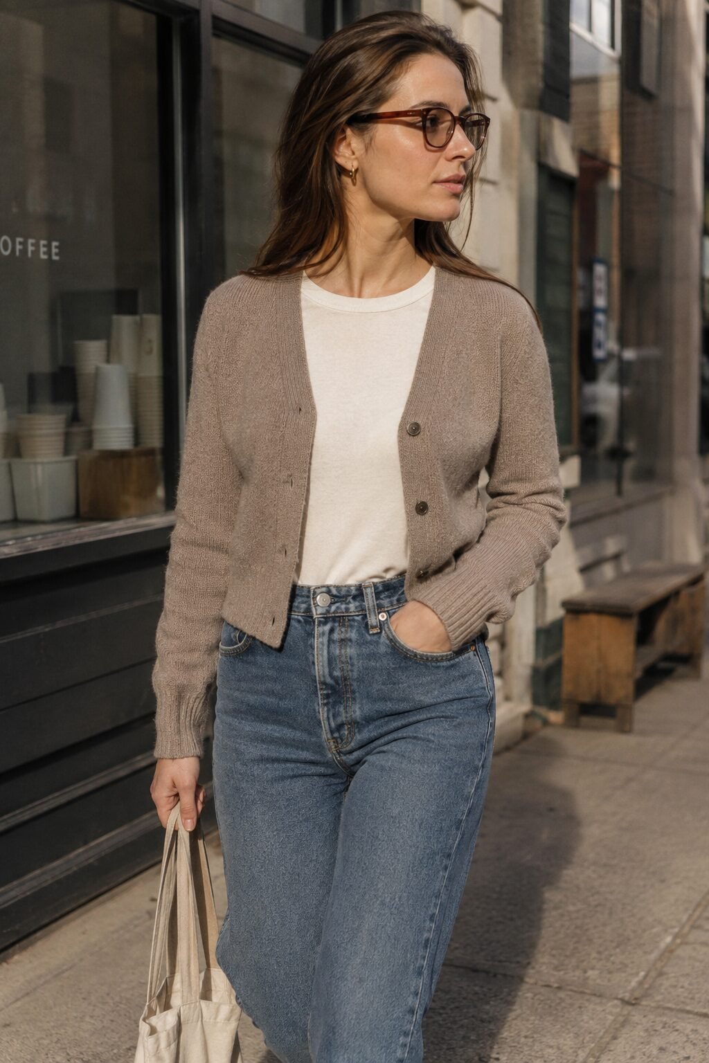 fall capsule wardrobe outfit idea: taupe cropped cardigan and high-waist jeans for a Tuesday coffee run