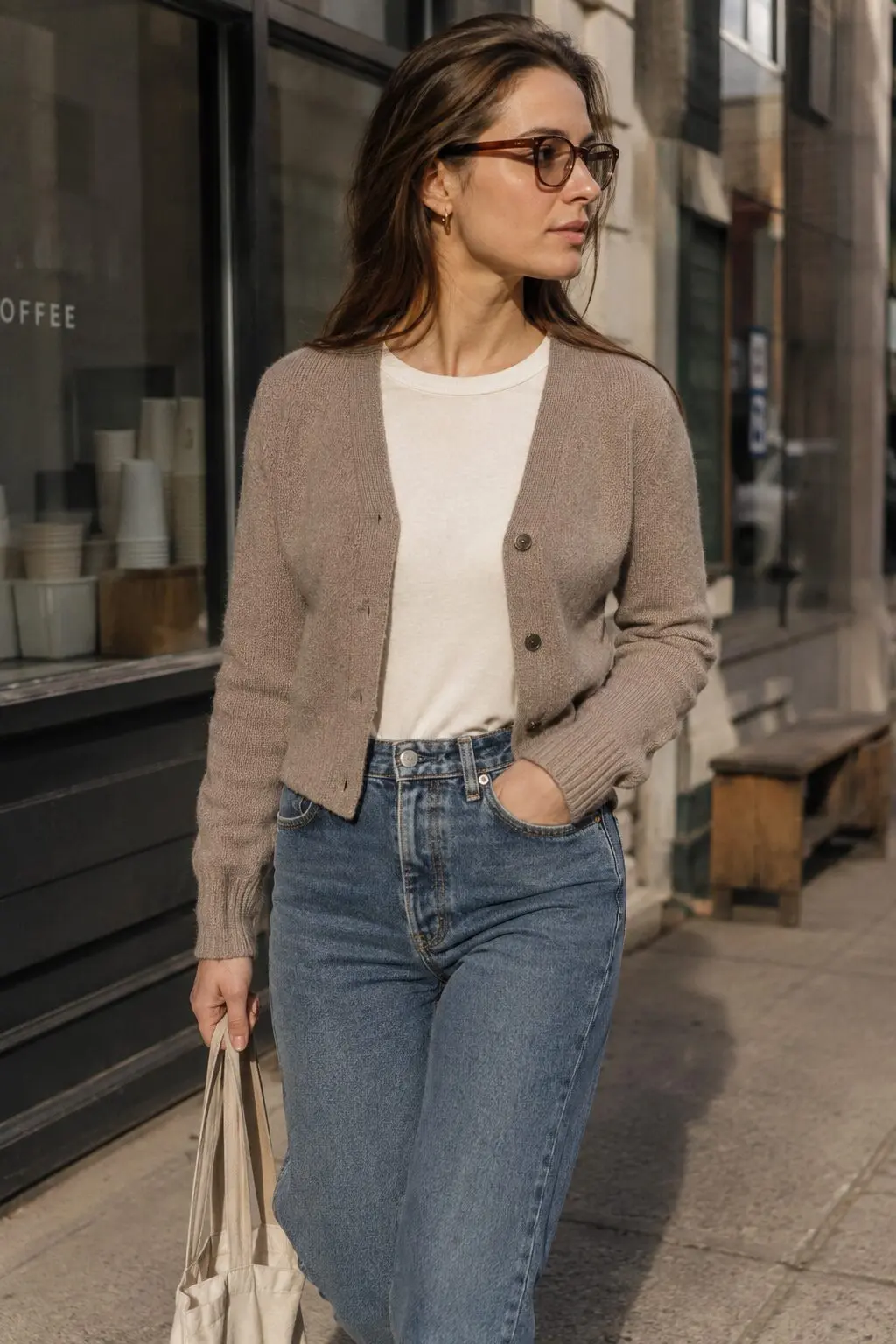fall capsule wardrobe outfit idea: taupe cropped cardigan and high-waist jeans for a Tuesday coffee run