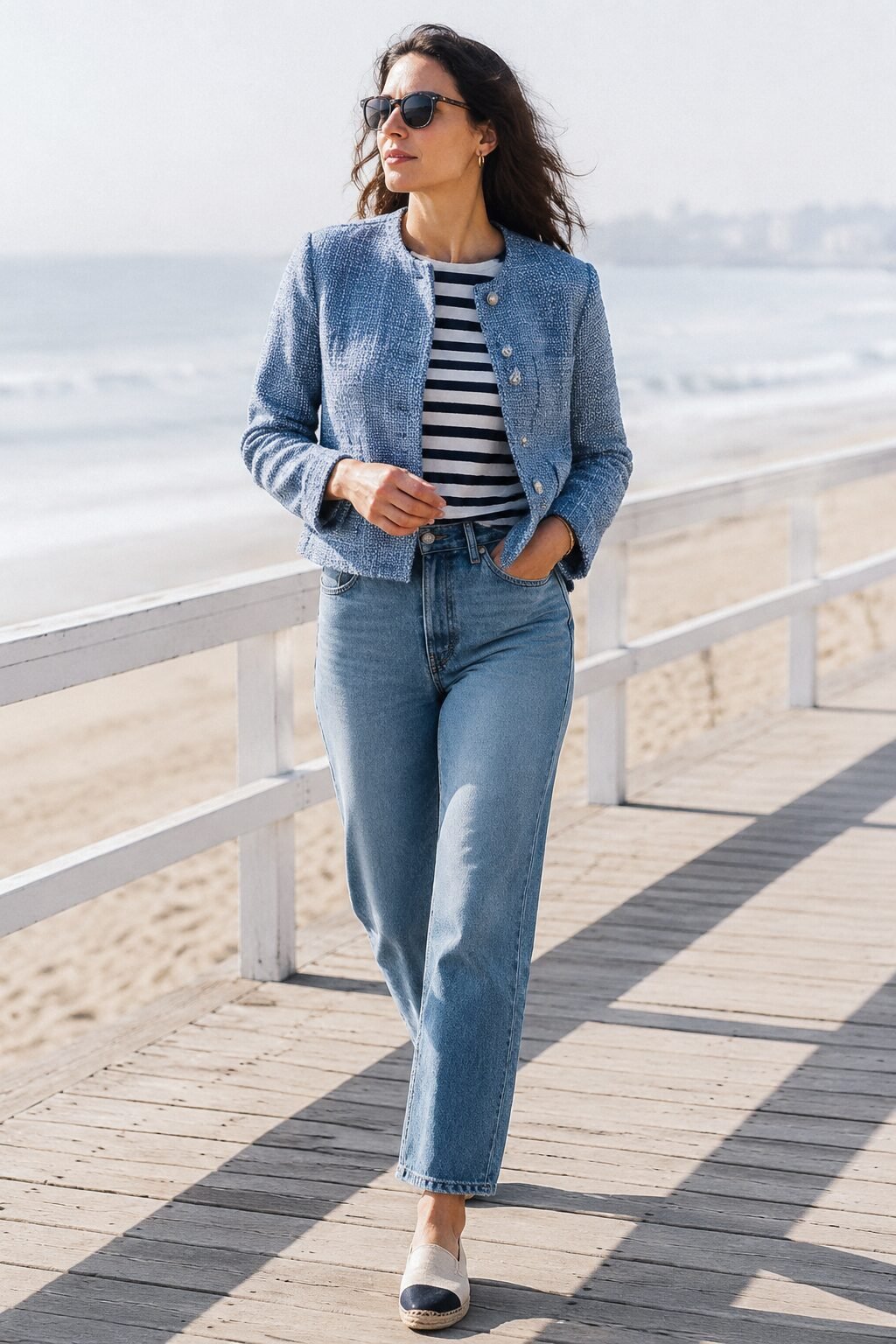 coastal weekend denim and blazer outfit: tonal denim-toned tweed blazer with stonewashed straight-leg jeans and a striped top