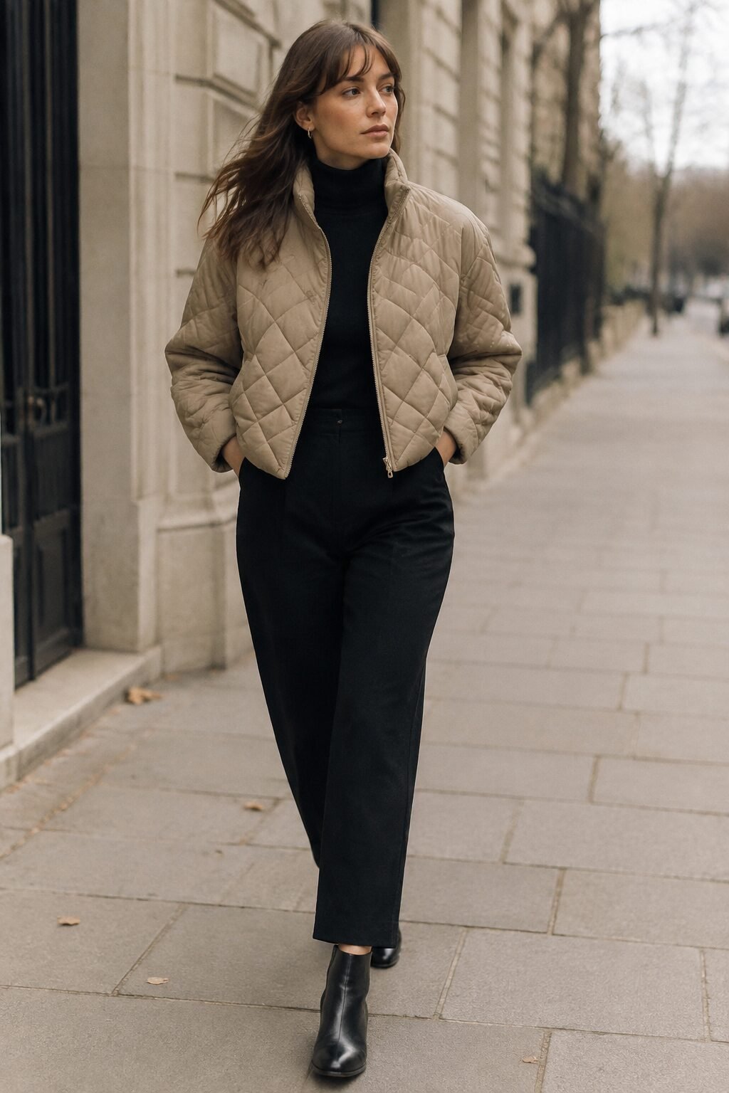 brisk weather black pants outfit: stone cropped quilted jacket over a black turtleneck with ankle-length straight black trousers