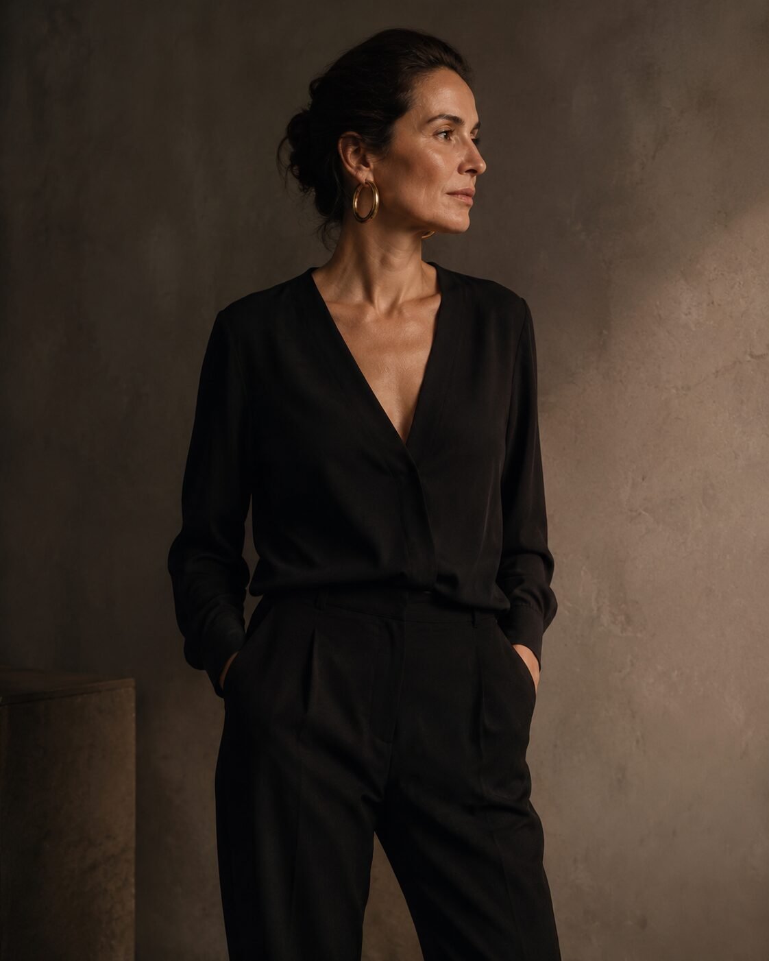 affordable quiet luxury fall outfit: black v-neck top styled with a single substantial gold hoop earring