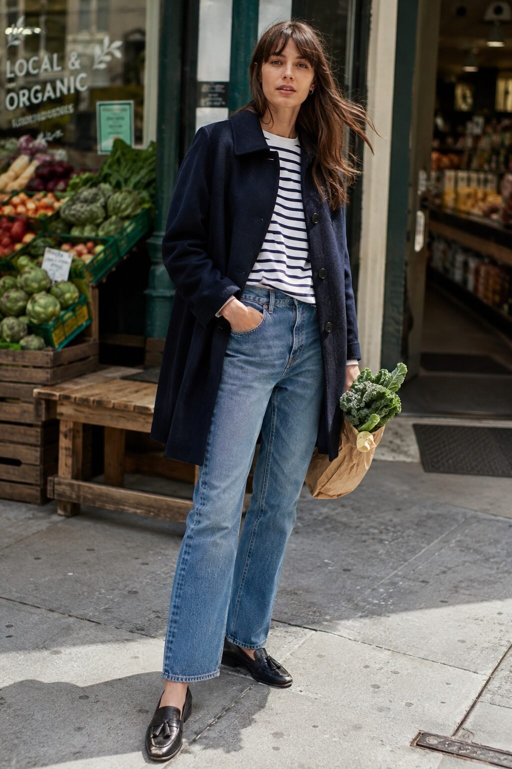 first date bootcut jeans outfit inspired by Carolyn Bessette Kennedy: off-the-shoulder black knit top, gold hoop earrings, and pointed kitten flats