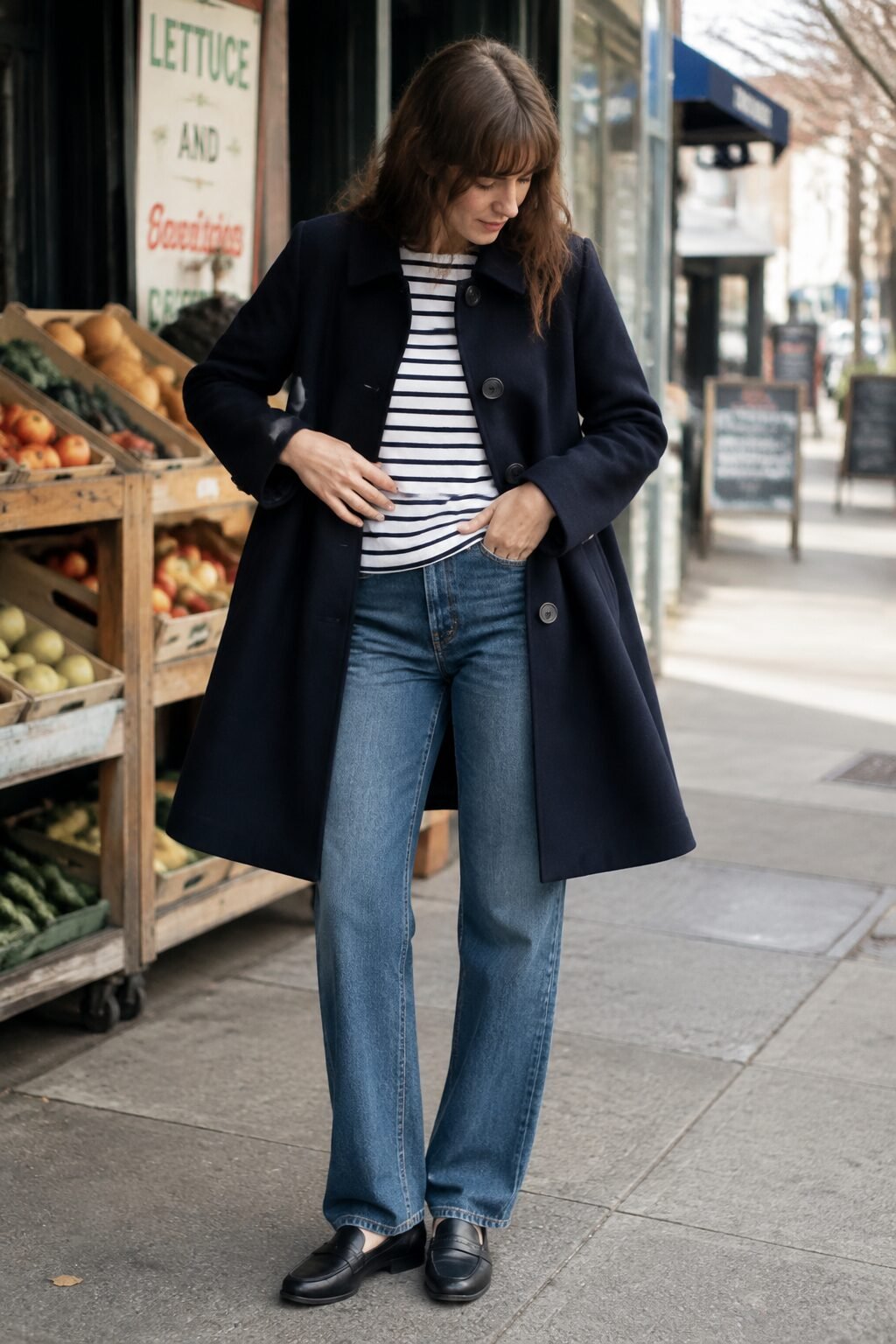 navy wool swing coat, striped Breton tee, and straight-leg jeans, casual jeans and coat outfit