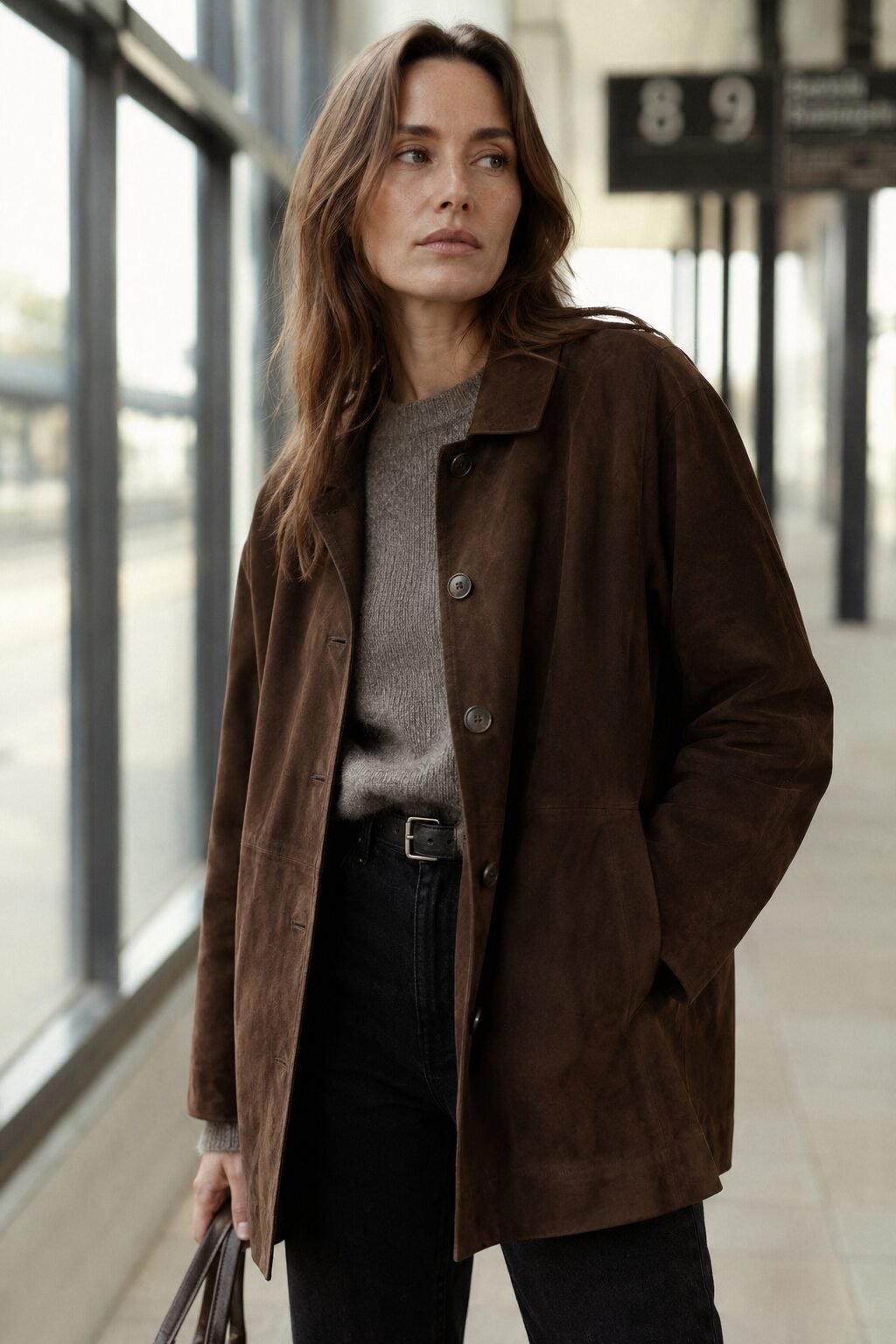 how to style a suede jacket with skinny jeans: chocolate suede jacket, black skinny jeans, and tan suede boots