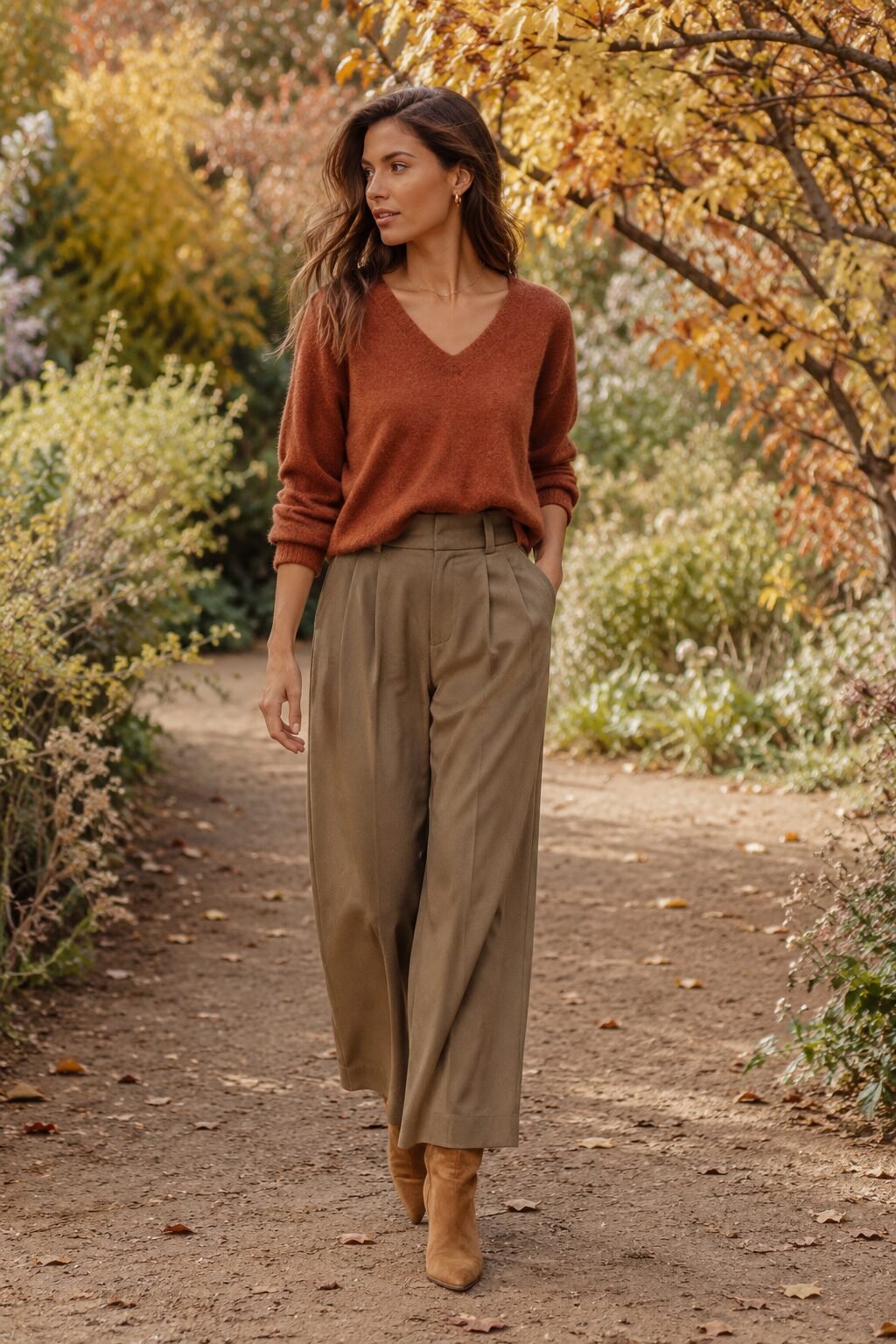 fall sweater outfit: olive v-neck sweater with a khaki wide-leg trouser and tan suede ankle boots