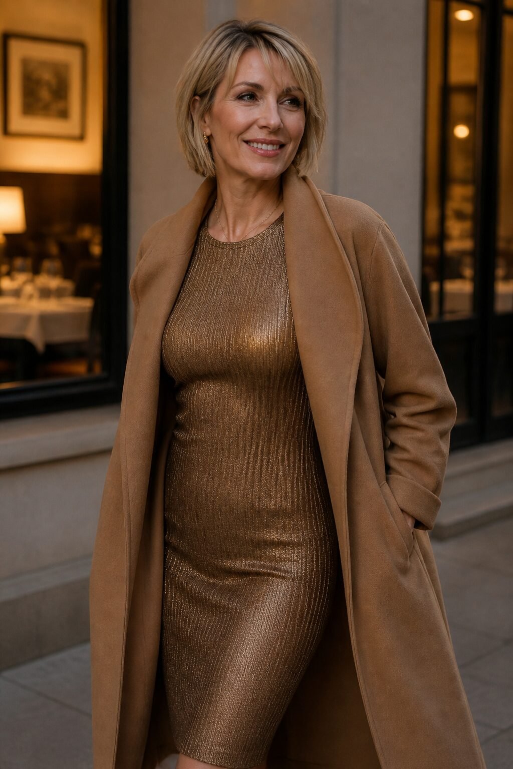 modern 80s christmas party outfit ideas, bronze metallic knit midi dress layered under camel wool coat for cocktail dinner