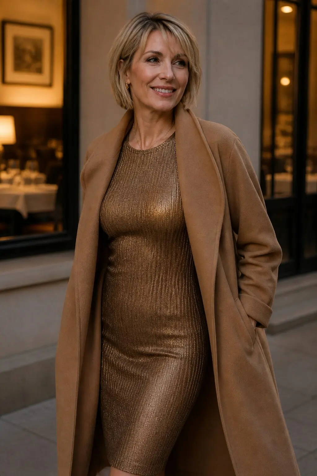 modern 80s christmas party outfit ideas, bronze metallic knit midi dress layered under camel wool coat for cocktail dinner