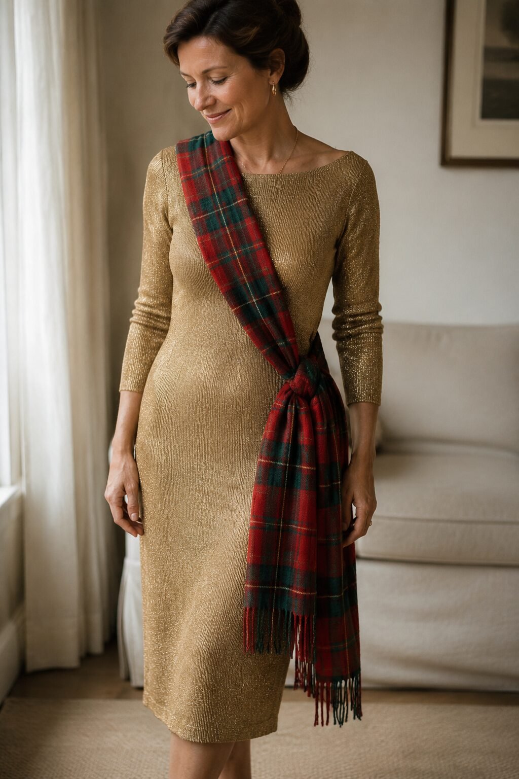 gold knit dress with a red and green tartan cashmere scarf draped as a sash, a festive family photo christmas outfit