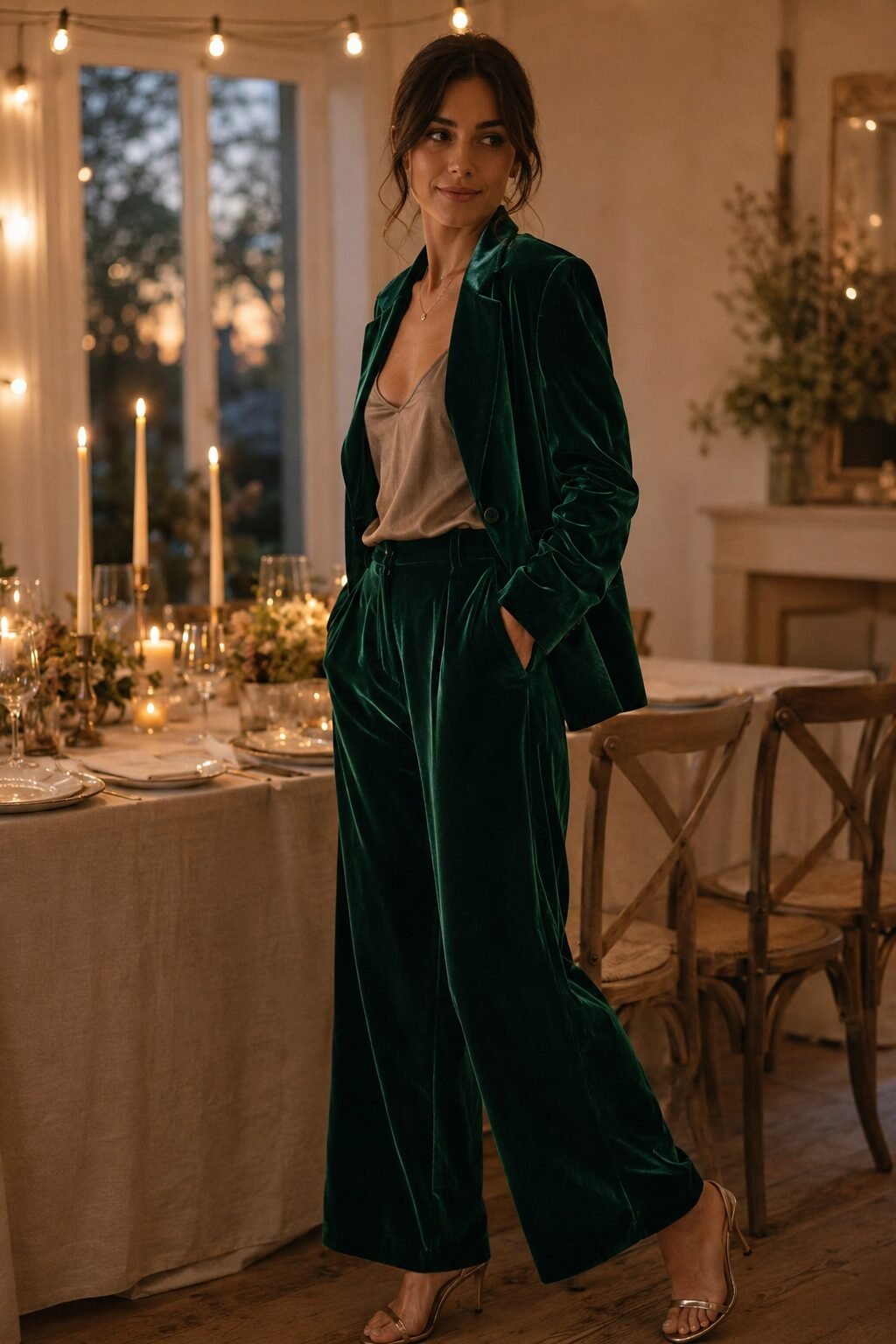 elevated loungewear christmas outfit: emerald velvet blazer-style top and wide-leg pant for Christmas dinner