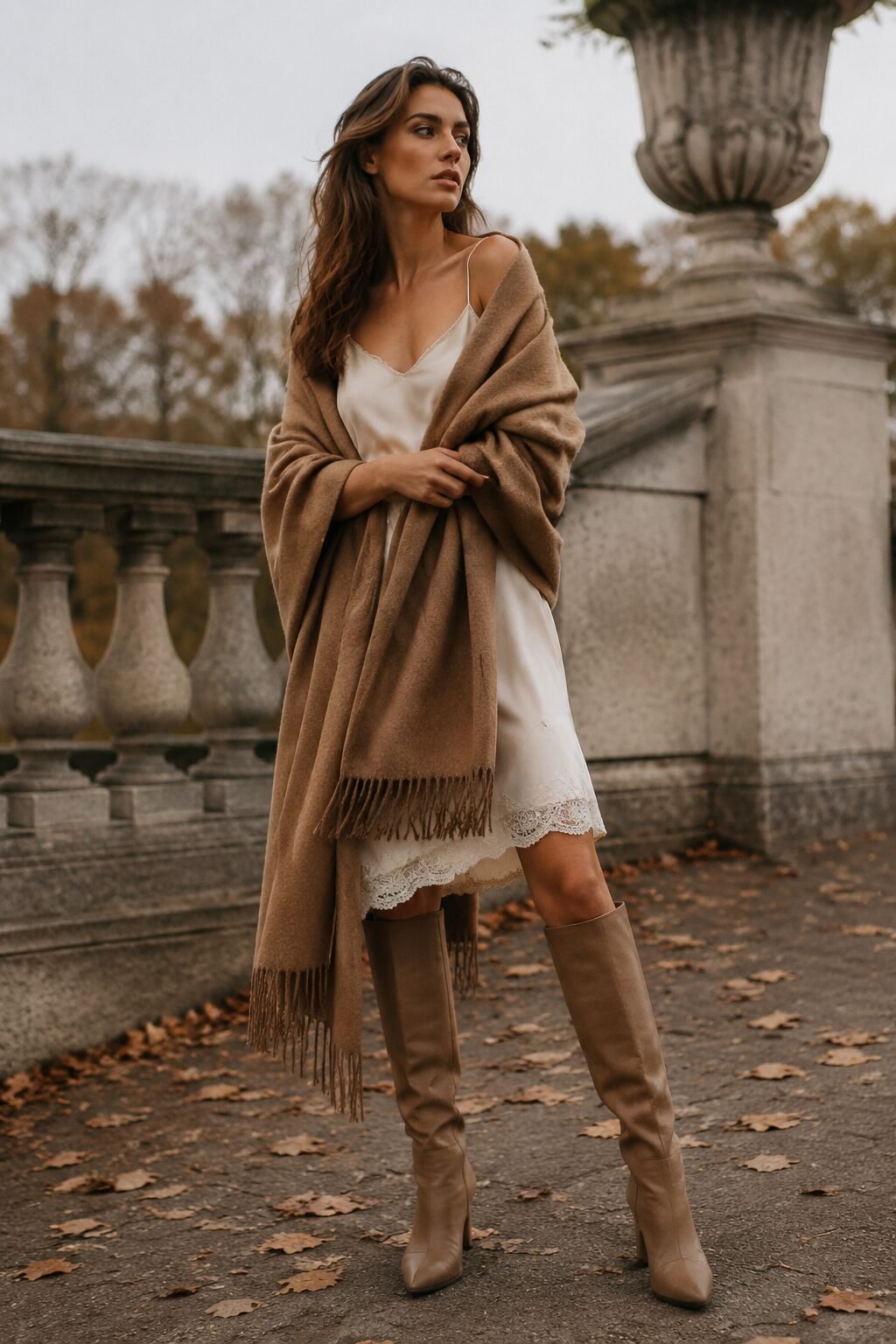 90s minimalist slip dress outfit: cream slip dress layered with a camel blanket scarf and knee-high boots