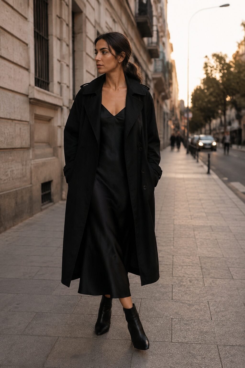 black trench coat over silk slip dress transitional evening outfit inspired by carolyn bessette kennedy
