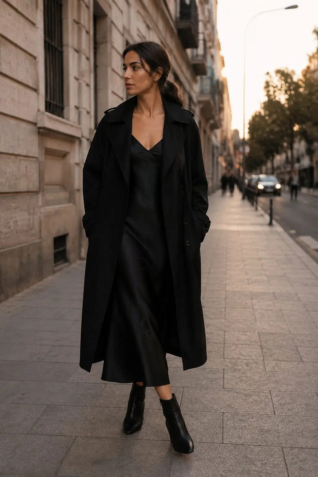 black trench coat over silk slip dress transitional evening outfit inspired by carolyn bessette kennedy