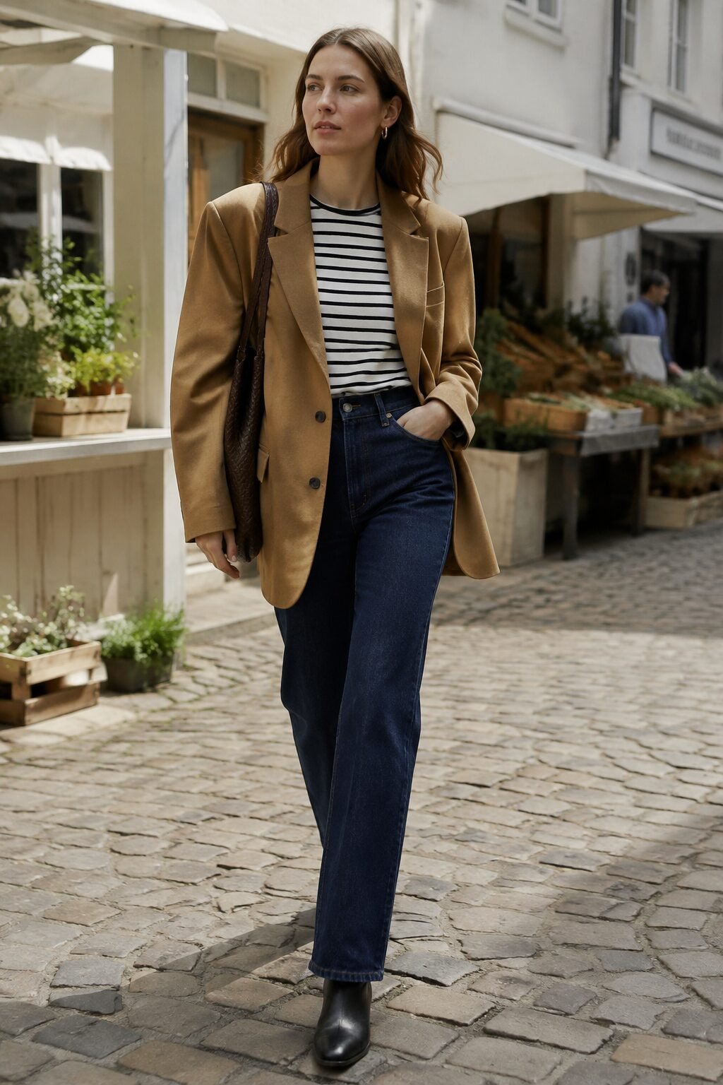 budget carolyn bessette kennedy style weekend outfit: striped boatneck tee, high-waist jeans, and a camel blazer